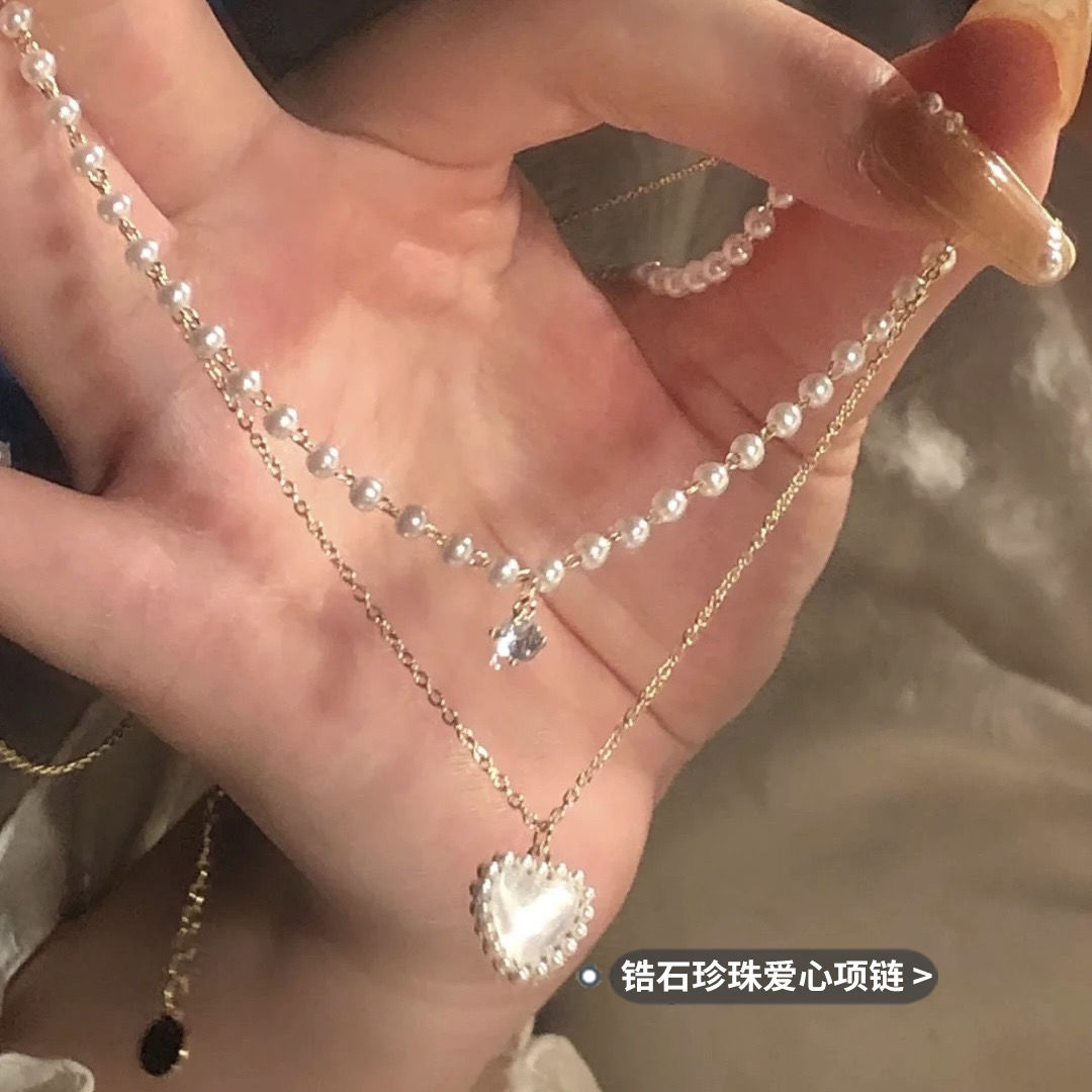 xiaohongshu same style freshwater pearl double layer twin love necklace female light luxury minority design high sense clavicle chain