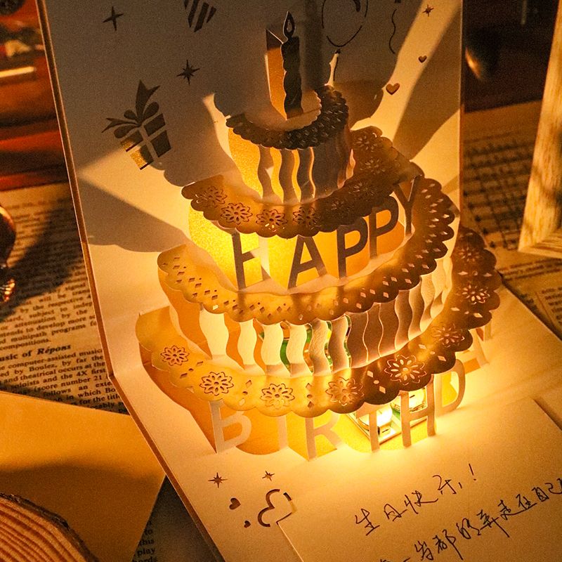 birthday greeting card 3d three-dimensional with light folding finished exquisite gilding cake gift card with envelope girlfriends‘ gift