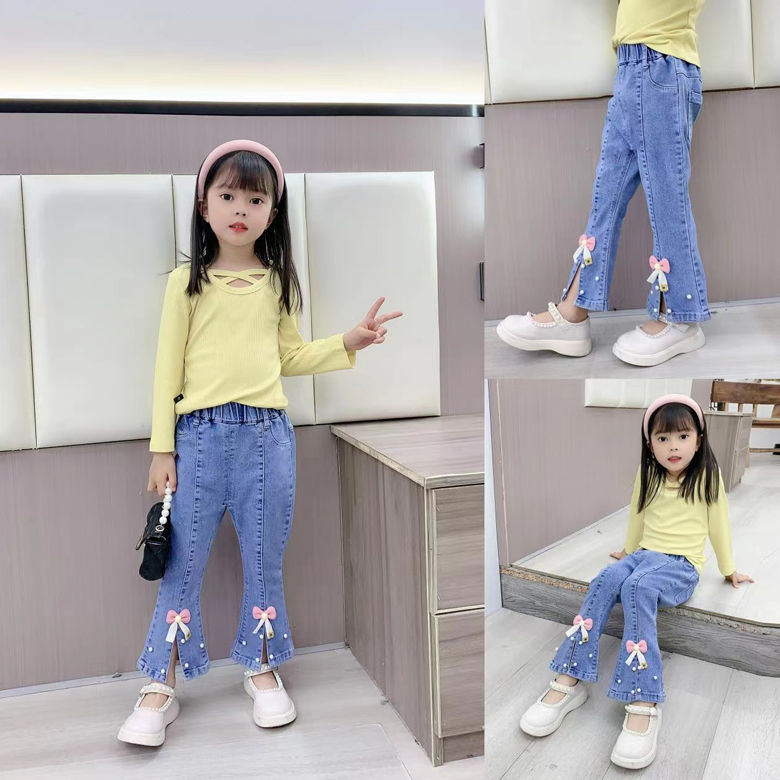 Girl Spring and Autumn Jeans 2023 Spring New Baby Girl Bell-Bottom Pants Little Girl Fashionable Korean Style Princess Style