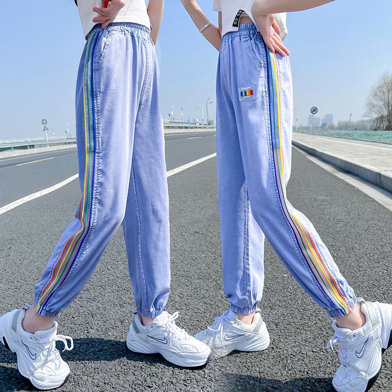 girls‘ summer tencel anti mosquito pants 2023 new children‘s fashionable thin jeans girls‘ ankle banded pants outer wear