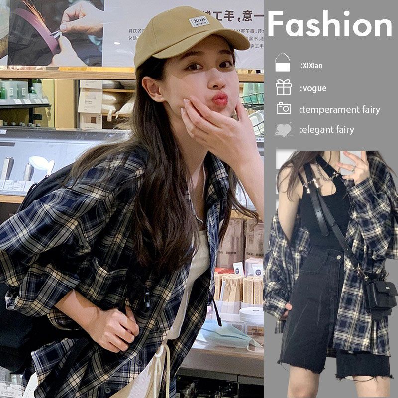 american style retro blue plaid shirt women‘s spring and autumn plus size plump girls design sense niche slimming oversize coat