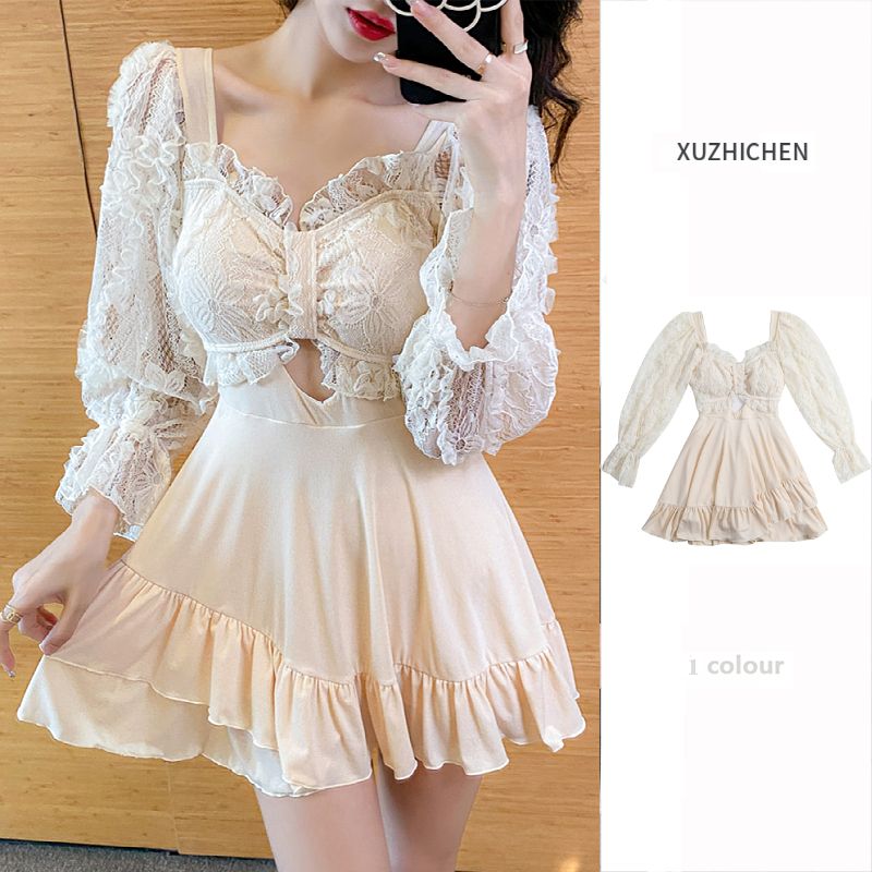 lace fairy style conservative long sleeve covering belly thin student 2023 new ins style hot spring bathing suit super girl