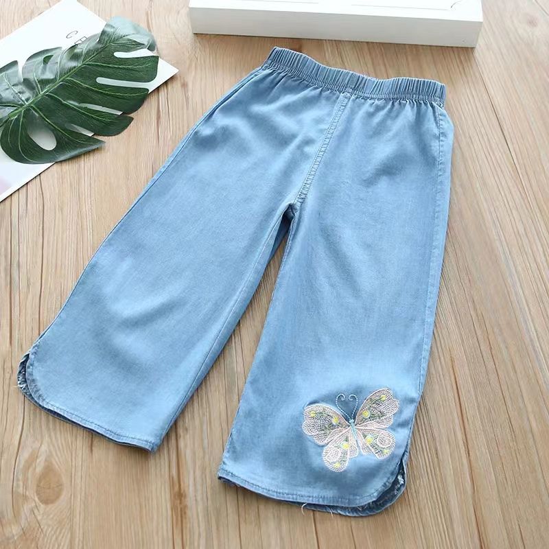 Girls' Cropped Pants Summer Wear 2024 New Lyocell Jeans Girls' Pants Children's Shorts Thin Girls' Summer Wear