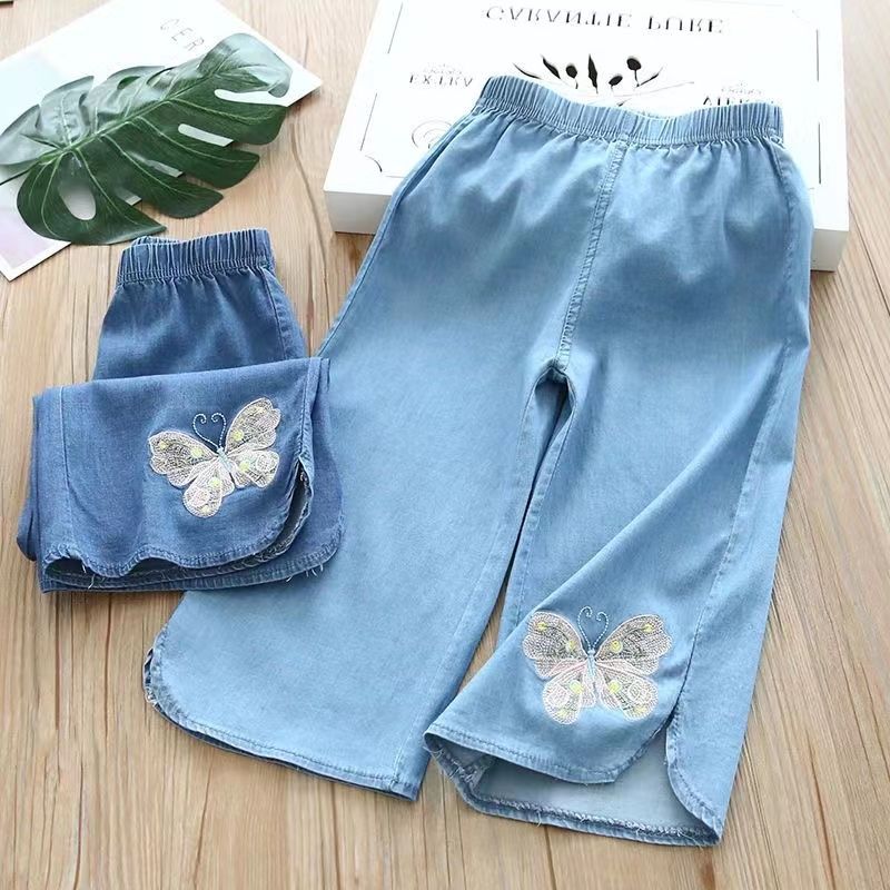 Girls' Cropped Pants Summer Wear 2024 New Lyocell Jeans Girls' Pants Children's Shorts Thin Girls' Summer Wear