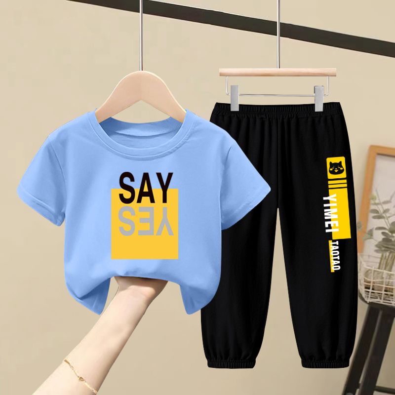 boys summer suit 2024 new handsome children‘s pullover short-sleeved two-piece suit summer boy thin type fashionable trousers