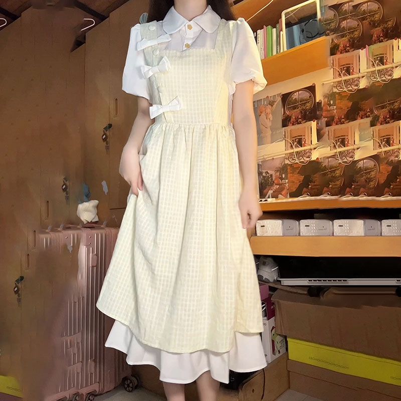 sweet college style bow false two-piece patchwork dress female student korean style high waist slimming puffy first love skirt