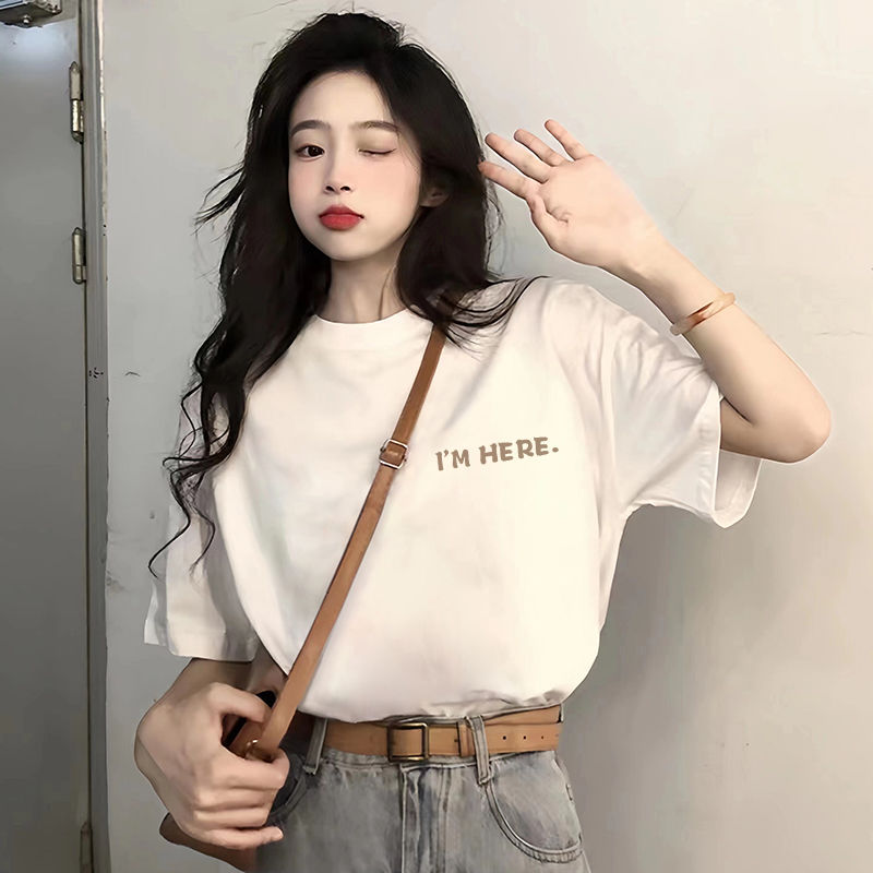 100% cotton short sleeve t-shirt female 2024 summer new student korean style loose ins white half sleeve all-matching top