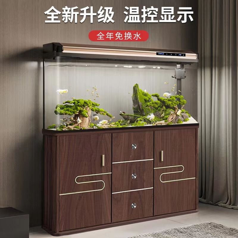 large， medium and small fish tank aquarium living room floor home lazy change water ecological glass fish globe with base cabinet