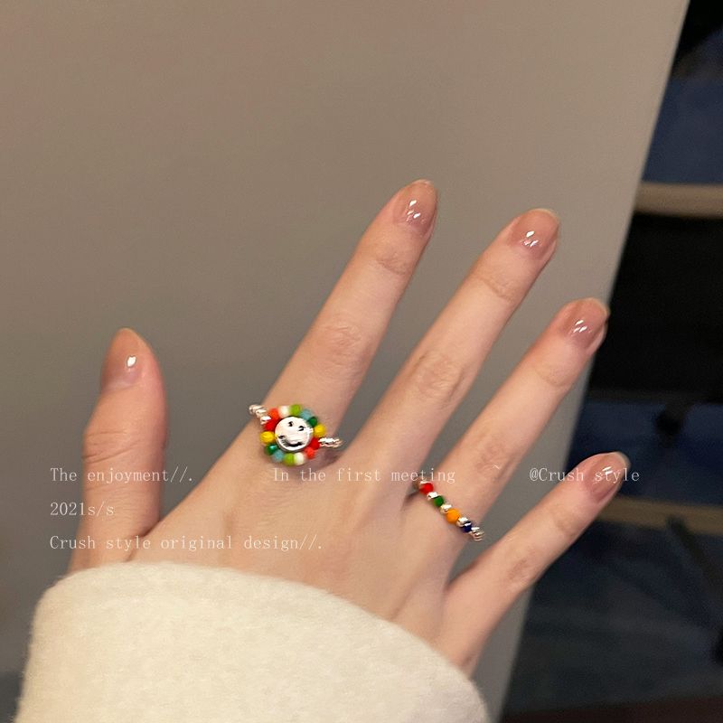 colorful beaded smiley face simple bracelet ring female personalized niche design cross opening adjustable index finger ring