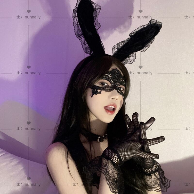 halloween rabbit ears headdress headband bunny accessories sexy black lace mask eye mask lace gloves