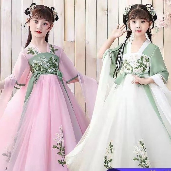 new ancient chinese clothing girls‘ short-sleeved children‘s jacket and dress cherry blossom girls‘ tang suit summer children‘s chinese style super fairy hanfu girl‘s