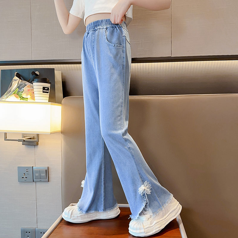 Girls' Summer Ice Silk Bell-Bottom Pants 2024 New Girls' Super Thin Jeans Fashion Thin Looking Fashion Women's Pants