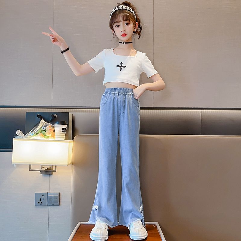 Girls' Summer Ice Silk Bell-Bottom Pants 2024 New Girls' Super Thin Jeans Fashion Thin Looking Fashion Women's Pants