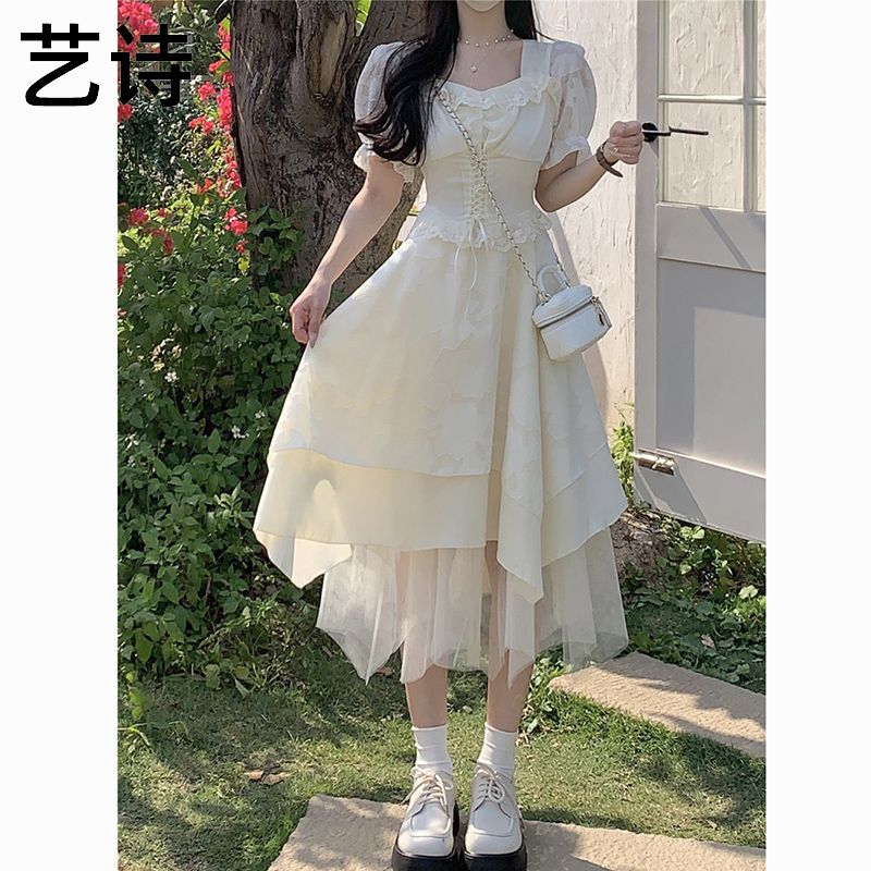 yishi tea break french square collar chiffon dress women‘s summer small gauze skirt cake puffy fairy long skirt