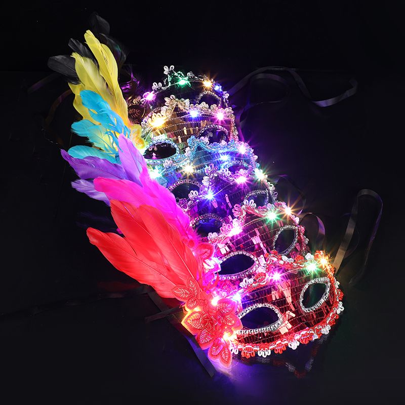 Glowing Feather Cut Flower Mask 3 Gear Flash Mask Christmas New Feather Princess Mask Bar Party Children