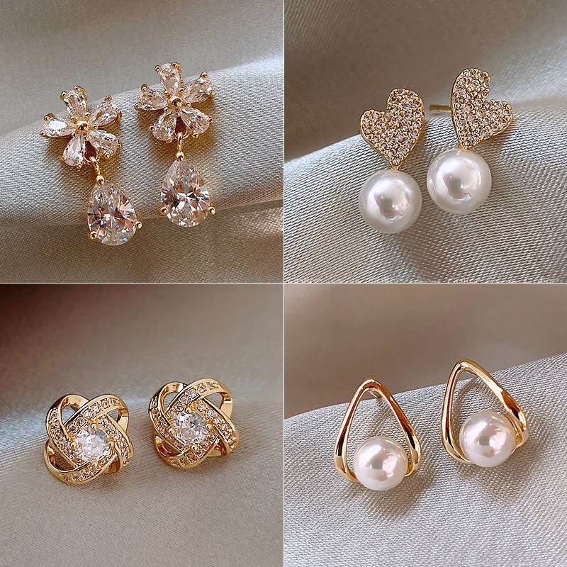 s925 silver needle korean water drop white stone flower earrings 2023 new elegant light luxury elegant all-match earrings