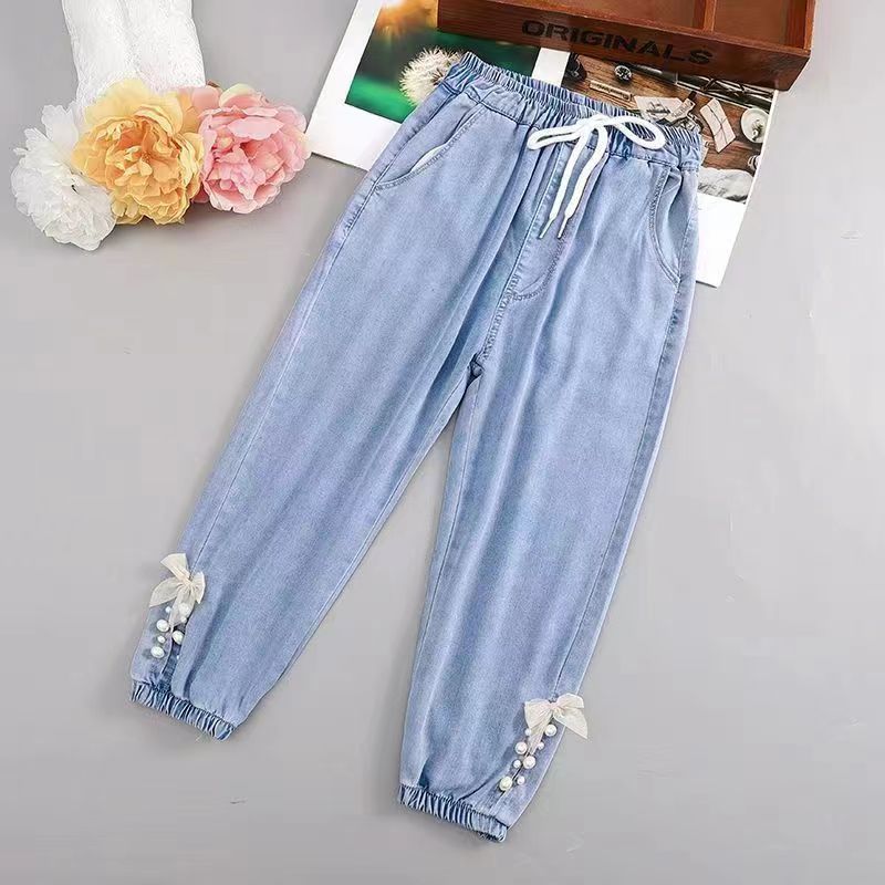 Girls' Pants Summer Girls' Ultra-Thin 2023 New Western Style Medium and Big Children Tencel Washed Denim Anti Mosquito Pants Tide