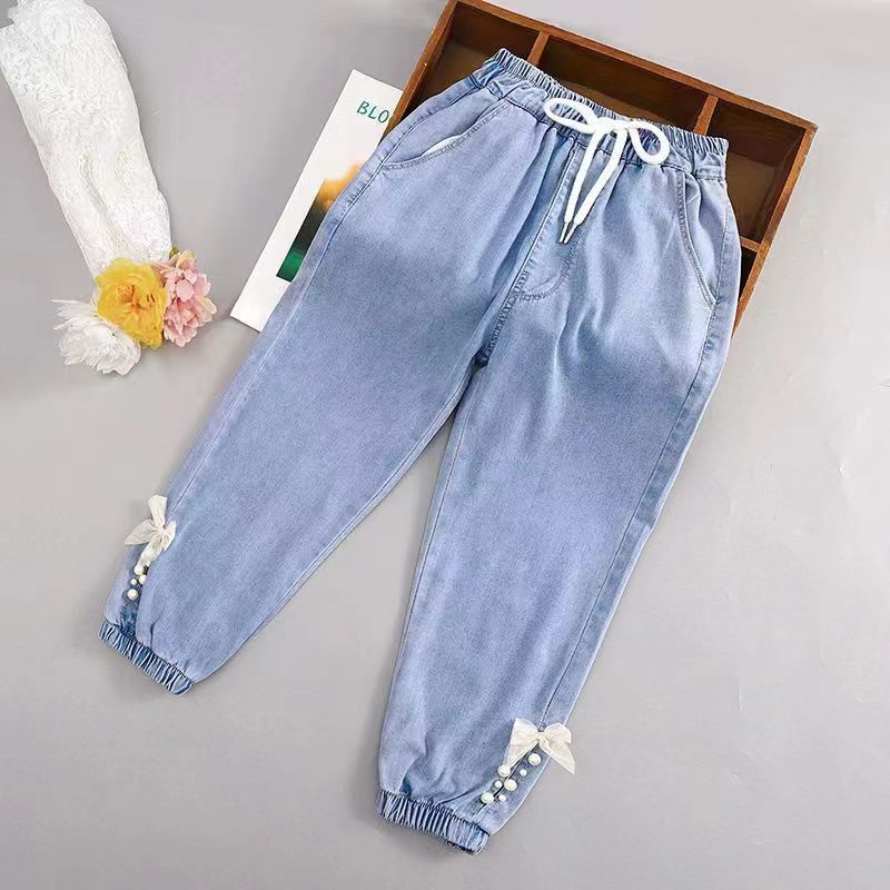 Girls' Pants Summer Girls' Ultra-Thin 2023 New Western Style Medium and Big Children Tencel Washed Denim Anti Mosquito Pants Tide