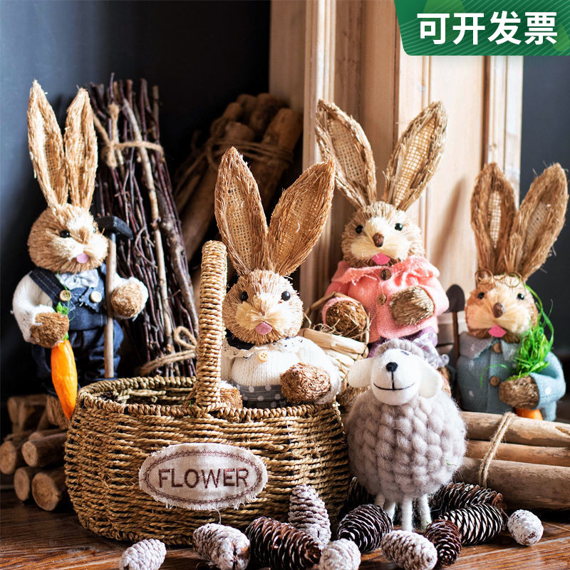 muchen home straw rabbit vintage straw rabbit props handmade rabbit decoration lovers rabbit garden balcony decoration