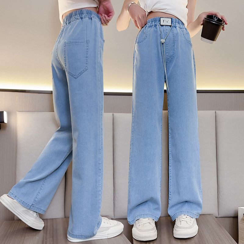 Girls' Summer Tencel Wide-Leg Pants 2023 New Summer Women's Teens Thin Jeans Korean Style Fashion Straight Pants