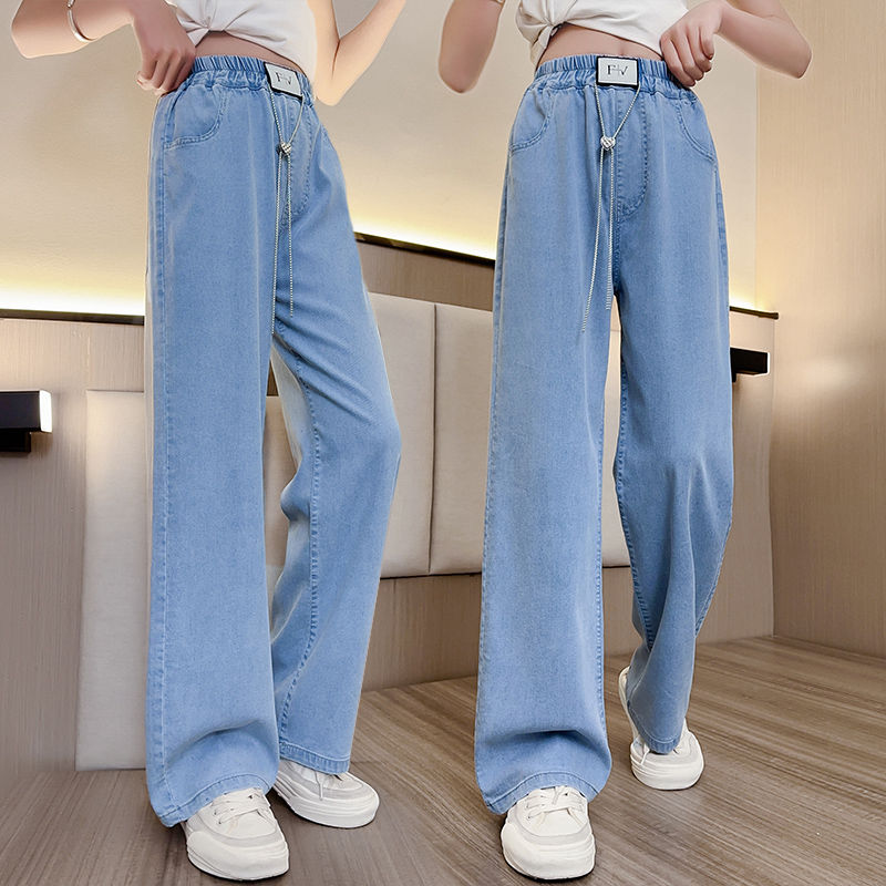 Girls' Summer Tencel Wide-Leg Pants 2023 New Summer Women's Teens Thin Jeans Korean Style Fashion Straight Pants