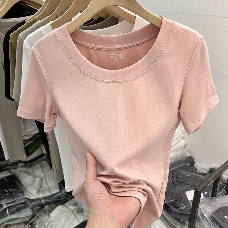 outlets ~ mall counter european goods modal solid color simple slim fit round neck slimming short sleeve t-shirt women‘s top