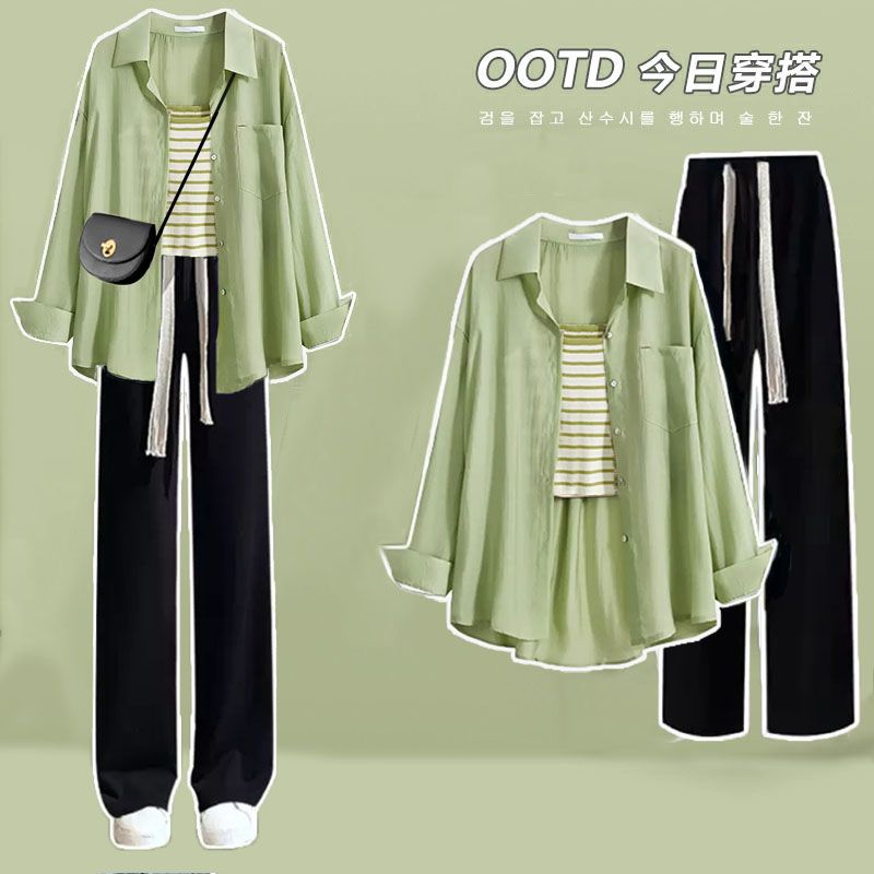 2024 spring and summer suit women‘s korean-style loose green long-sleeved shirt + sling high waist wide leg jeans three-piece set