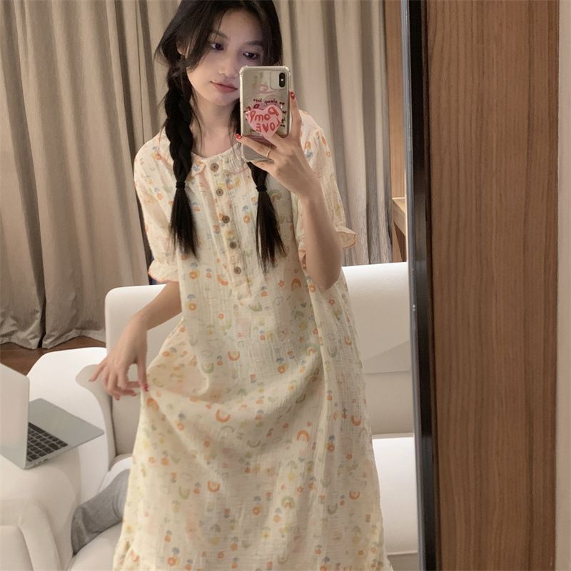 sweet girl‘s floral women‘s summer thin ins style korean style ruffled nightdress loose suitable for daily wear homewear