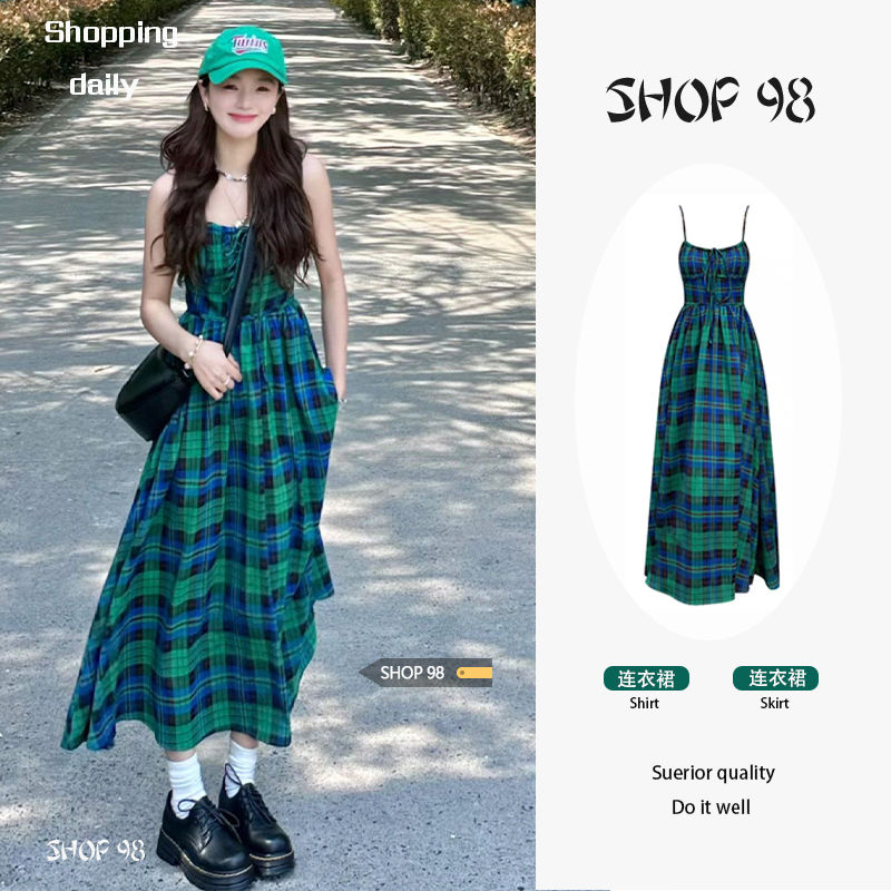 shop 98 green plaid sling dress women‘s summer design sense niche waist slimming elegant long dress