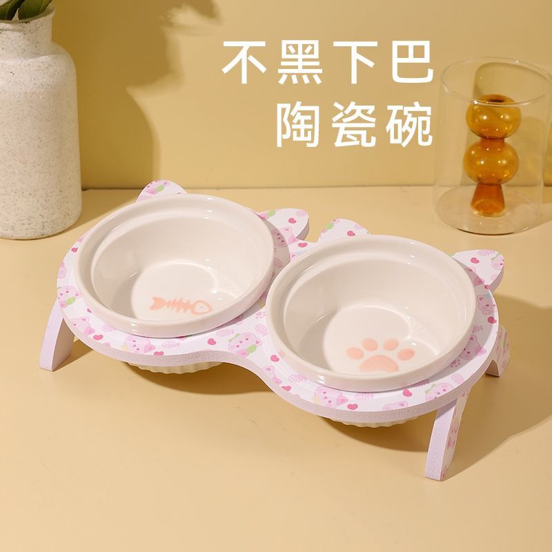 bowl ceramic  food holder pet special double bowl oblique mouth protection cervical spine anti-tumble dog bowl drinking water feeding integrated