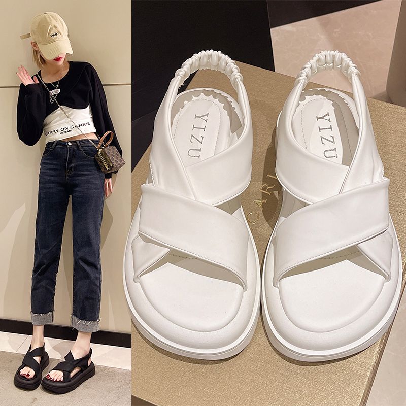 roman sandals 2023 summer new pregnant women‘s large size mm outer wear wide feet thick bottom versatile sports cross open toe women‘s shoes