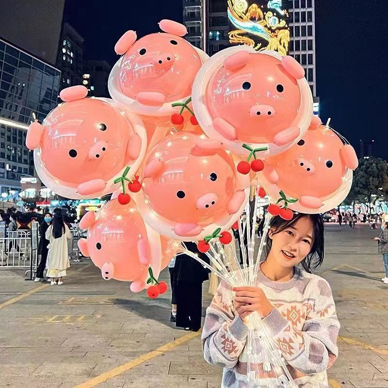 tiktok inflatable cherry pig head luminous balloon pink pig hand-held balloon outdoor photo internet celebrity stall