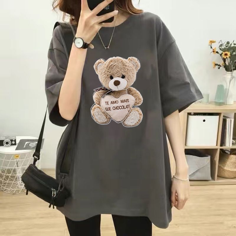 100% cotton gray mid-length oversized t-shirt cotton short sleeve women‘s loose bear round neck hip-covering tops