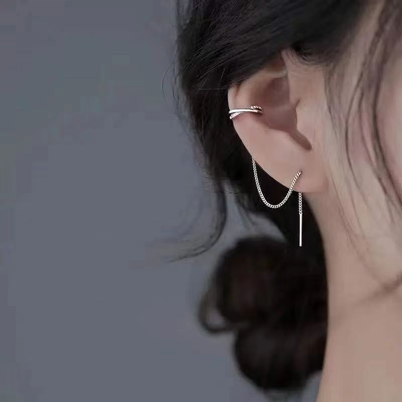 s925 silver ear clip one-piece hanging earrings design sense internet celebrity temperament entry lux long tassel girls‘ anti-lost earrings