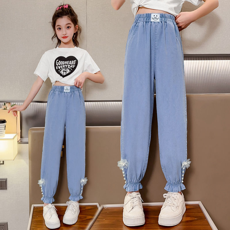 summer tencel girls ankle banded pants 2023 new style girls‘ big children summer anti mosquito pants children‘s fashionable jeans