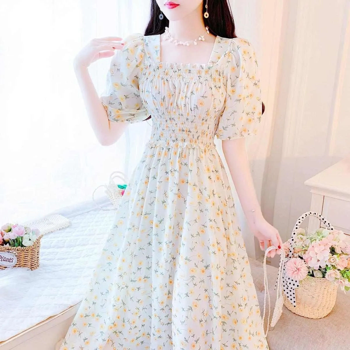 chiffon square collar gentle slimming dress women‘s summer french tight waist small super-fairy floral dress women