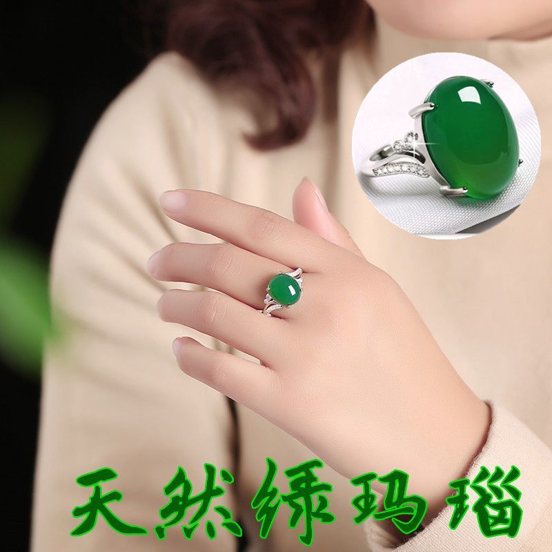 ethnic ring women‘s sterling silver green agate ring fashion gem ring adjustable mouth gift for mom