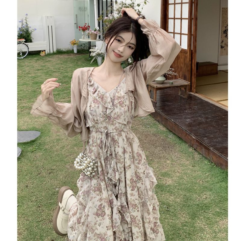 french ruffled elegant suspender dress + cardigan women‘s set dress summer floral dress slimming gentle dress