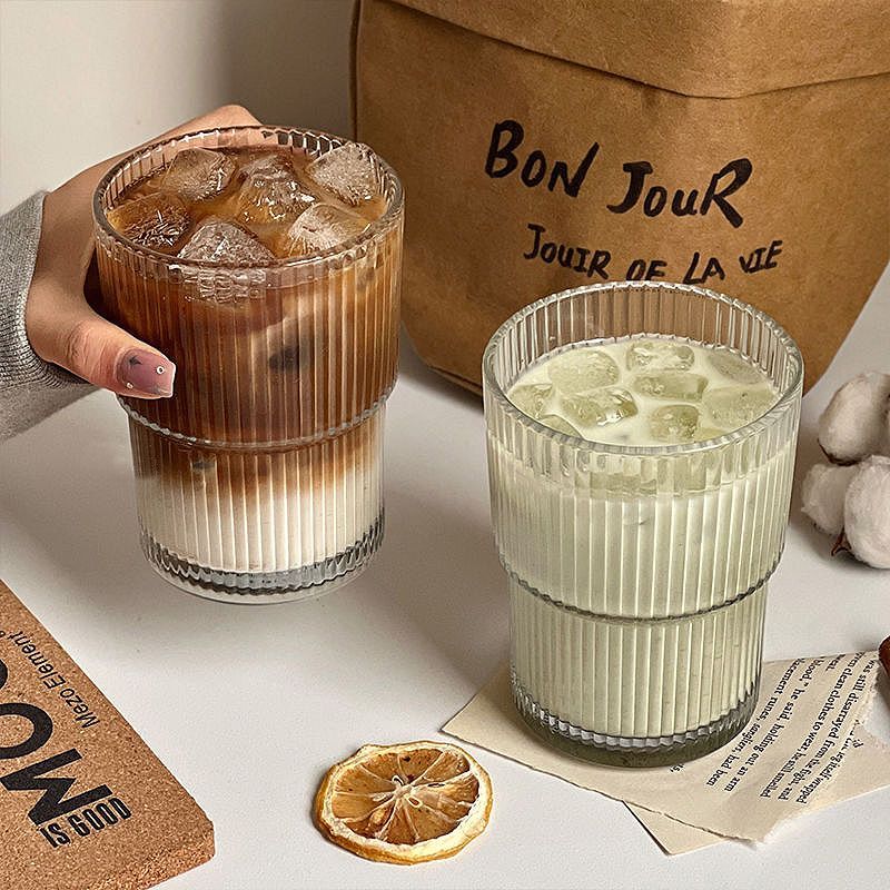 ins vertical striped glass coffee cup with lid water cup with straw household good-looking ice american latte milk cup