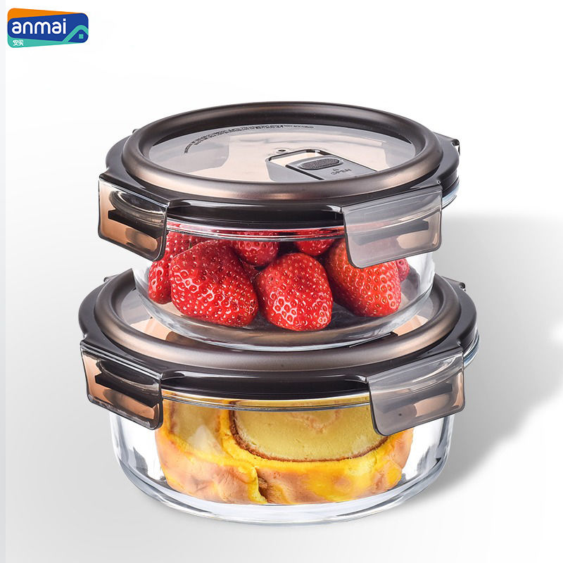 anmai crisper two-piece microwave oven glass lunch box round heated bento box sealed new lunch box with lid