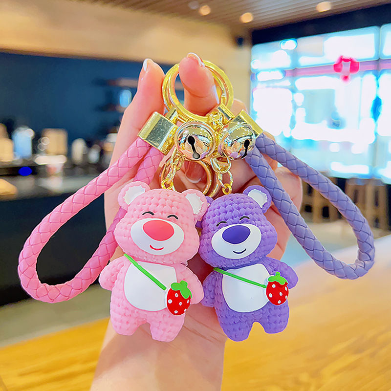 keychain new 2023 strawberry bear car key pendant lovely bag hanging ornaments couple cartoon doll schoolbag