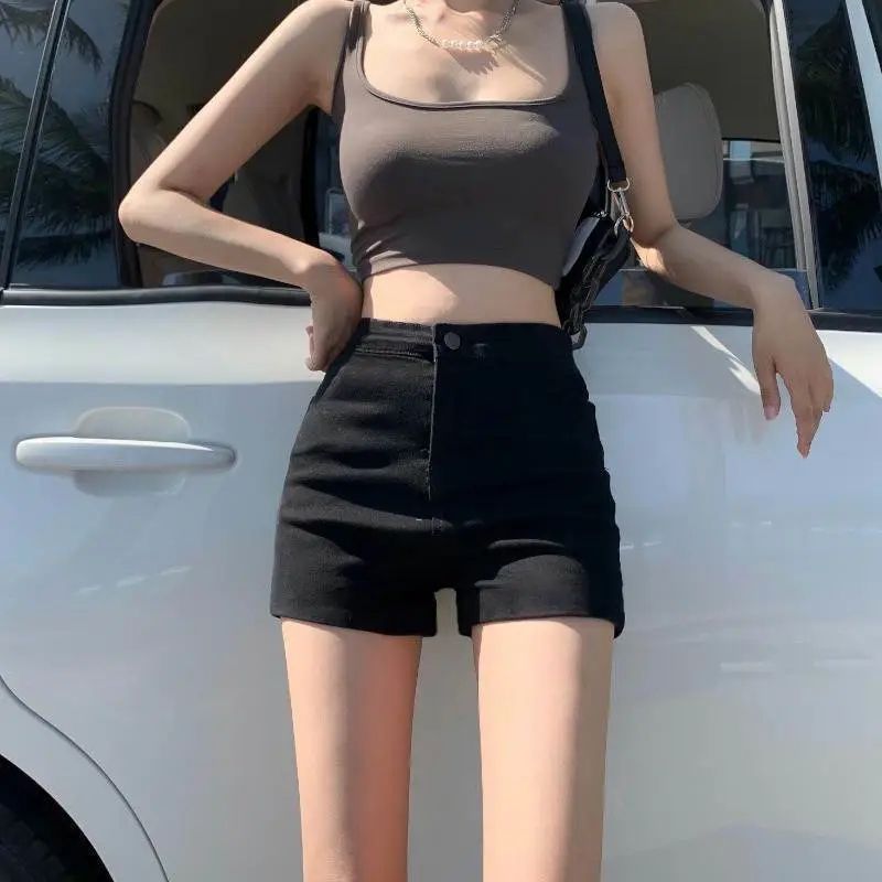 korean style denim shorts women‘s high elastic high waist black slimming hot girl a- line hot pants sexy skinny hip ins fashion