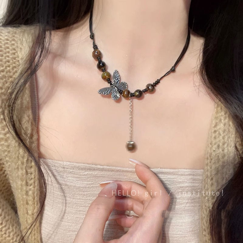 chinese ethnic style butterfly necklace women‘s light luxury high-grade new chinese retro natural stone beaded clavicle chain accessories