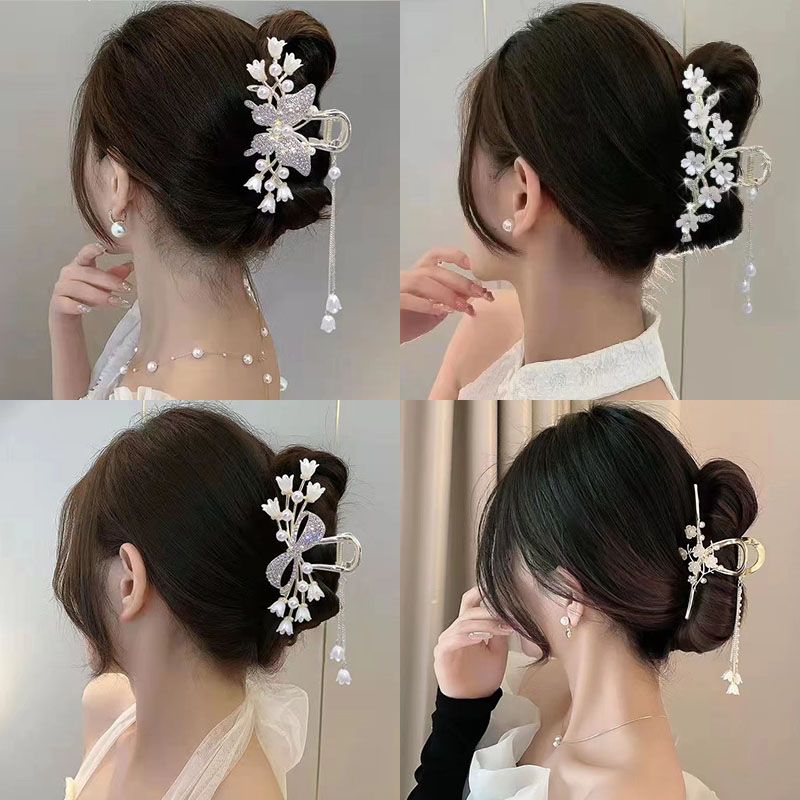 lily butterfly tassel hairpin back of head exquisite grip female summer large high-grade shark clip headdress