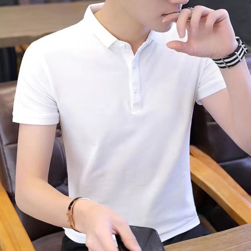 2023 new men‘s short-sleeved t-shirt shirt collar korean slim polo shirt business lapel pure white half sleeve t-shirt