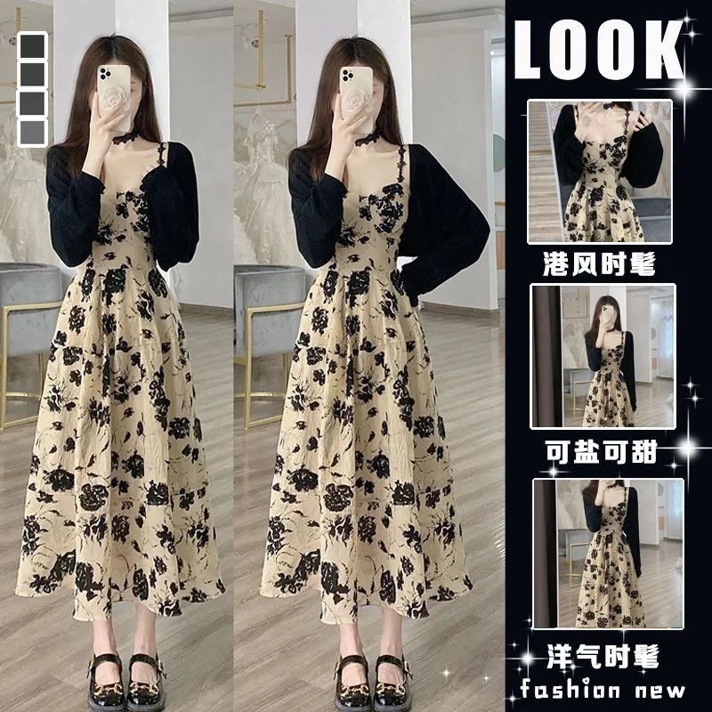 summer 2023 new french style vintage floral strap dress hepburn style chic cardigan dress two-piece suit