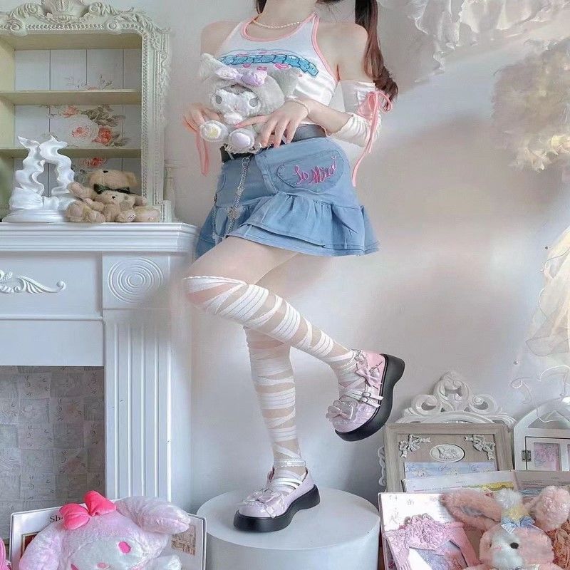 asian culture good-looking mori style black and white bandage over the knee stockings stockings women‘s lace-up pile style lolita socks thin