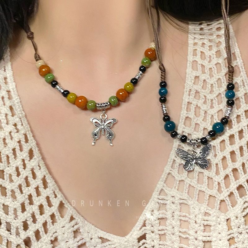 new chinese style ceramic butterfly necklace female summer artistic retro ethnic style accessories 2023 new temperament clavicle chain