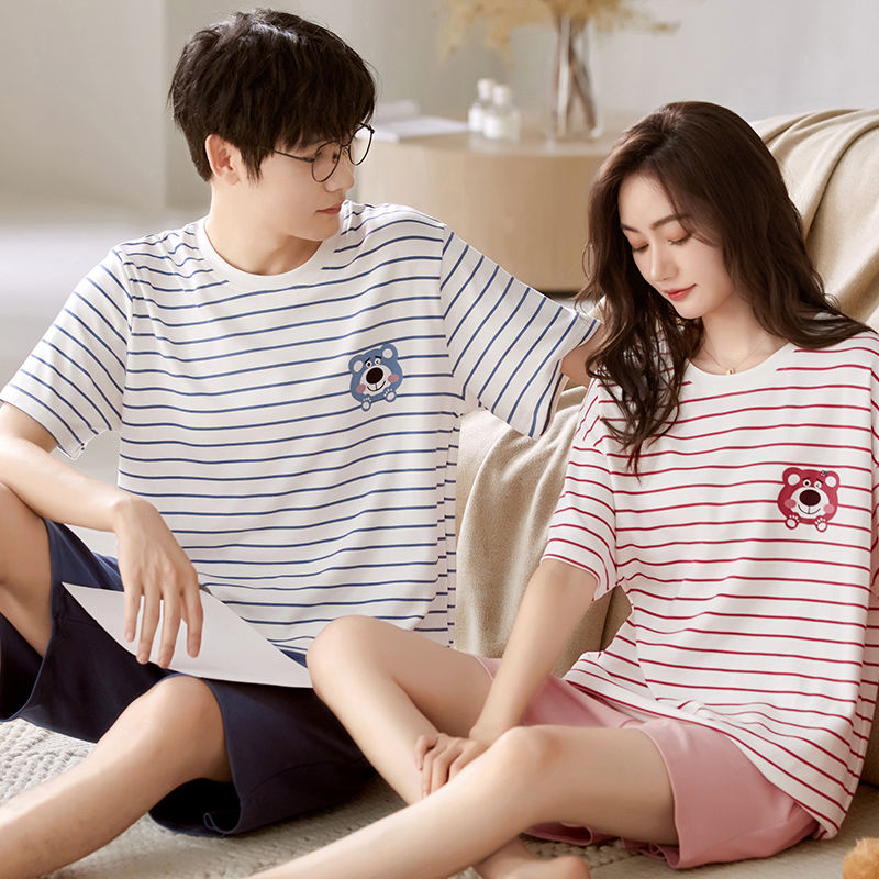 summer couple pajamas women‘s summer pure color cotton men‘s short sleeve thin cotton home wear two-piece set loose suitable for daily wear