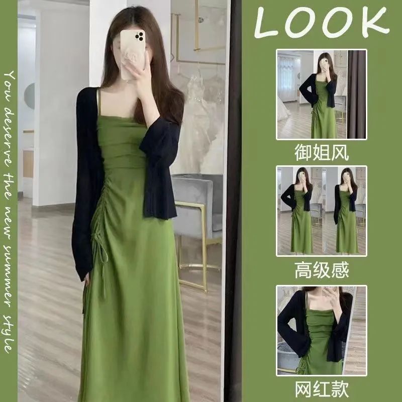 ice silk sun protection coat skirt suit slimming meat covering light mature green dress sun protection shirt two-piece suit for women summer